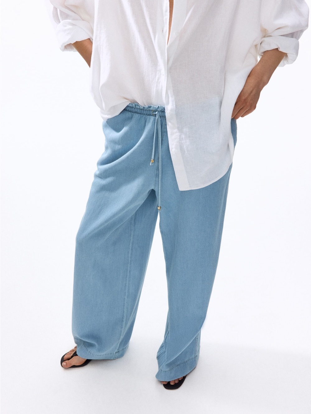 H&M High Waist Wide-Leg Drawstring Denim Pants